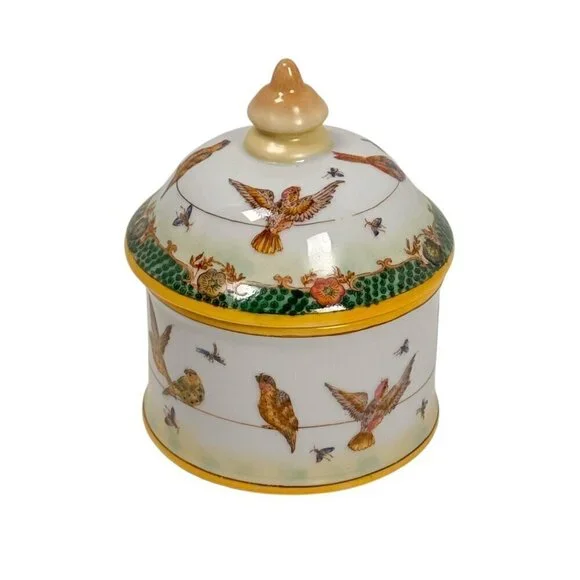 VTG Ceramic Hand Painted Lidded Jar Set Dish Asiatides Mark Chinese Birds 2PCs - Picture 13 of 15